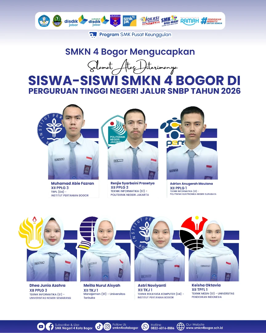Selamat untuk siswa-siswi SMKN 4 Bogor yang berhasil lolos SNBP 2026!
